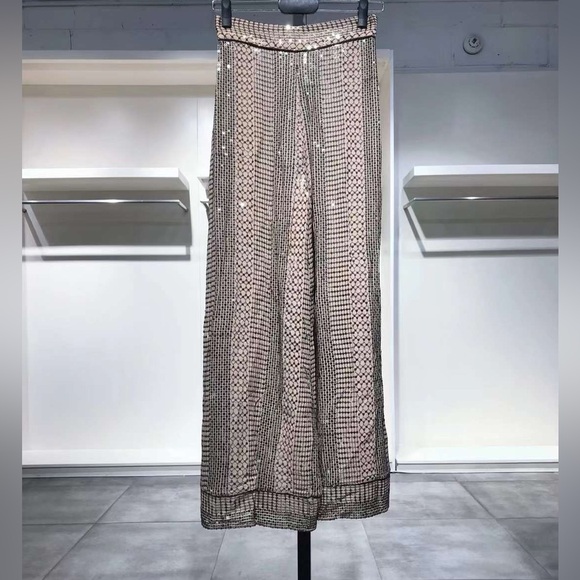 US6 Temperley London Platinum Silk Satin-trimmed Sequins Chiffon Wide-leg Pants - Picture 3 of 8
